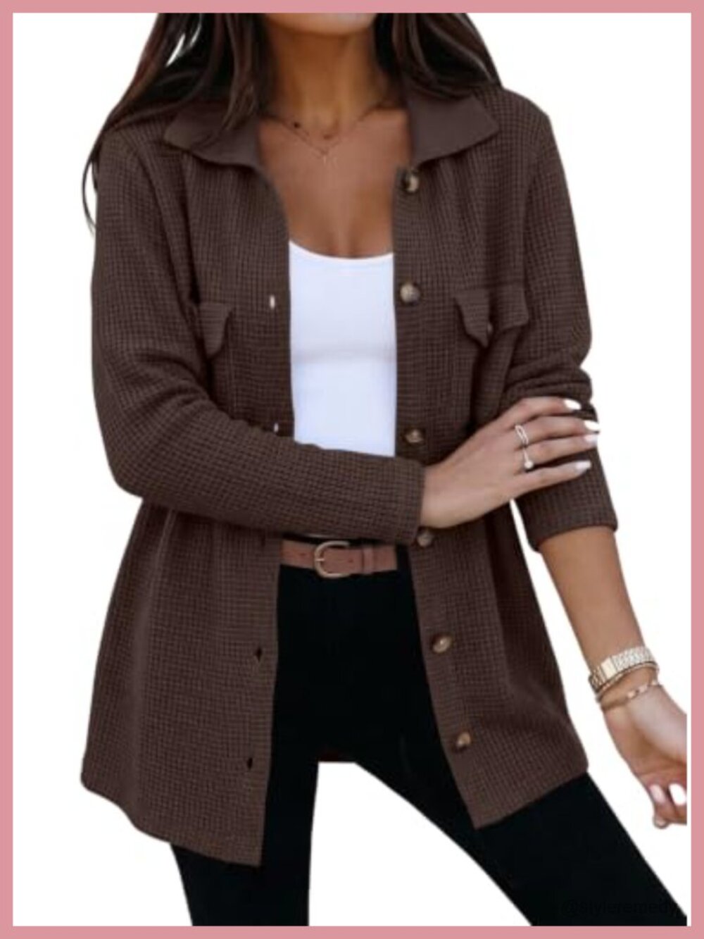 Waffle Knit Chunky Cardigan Shacket Button Down V-Neck Long Sleeve Sweater